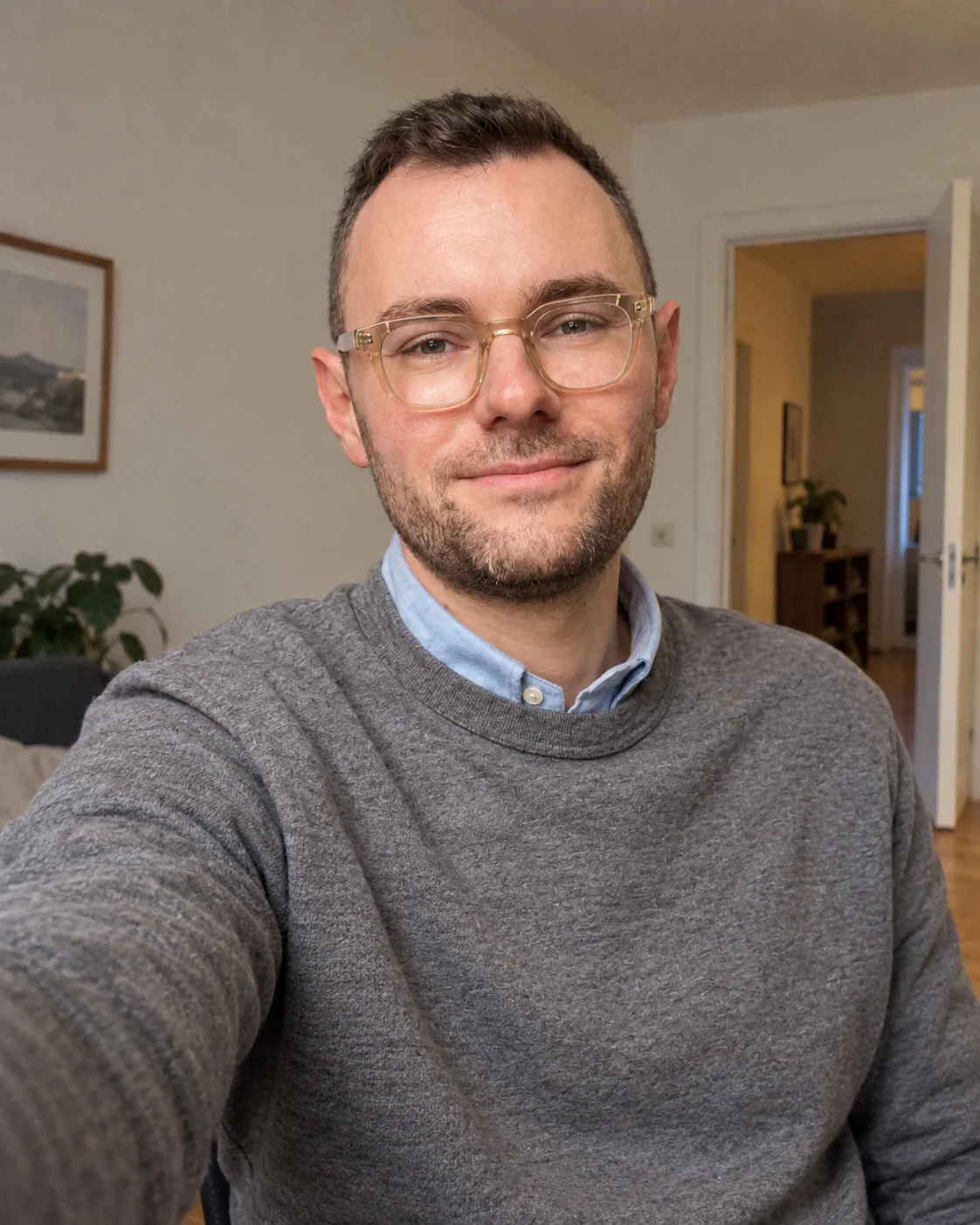 AI-edited selfie-style example of the reference subject indoors